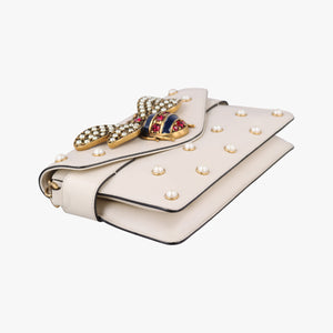 Pre-owned Gucci Broadway Pearl Bee White Leather 453778 shoulderbag | stylenewstar