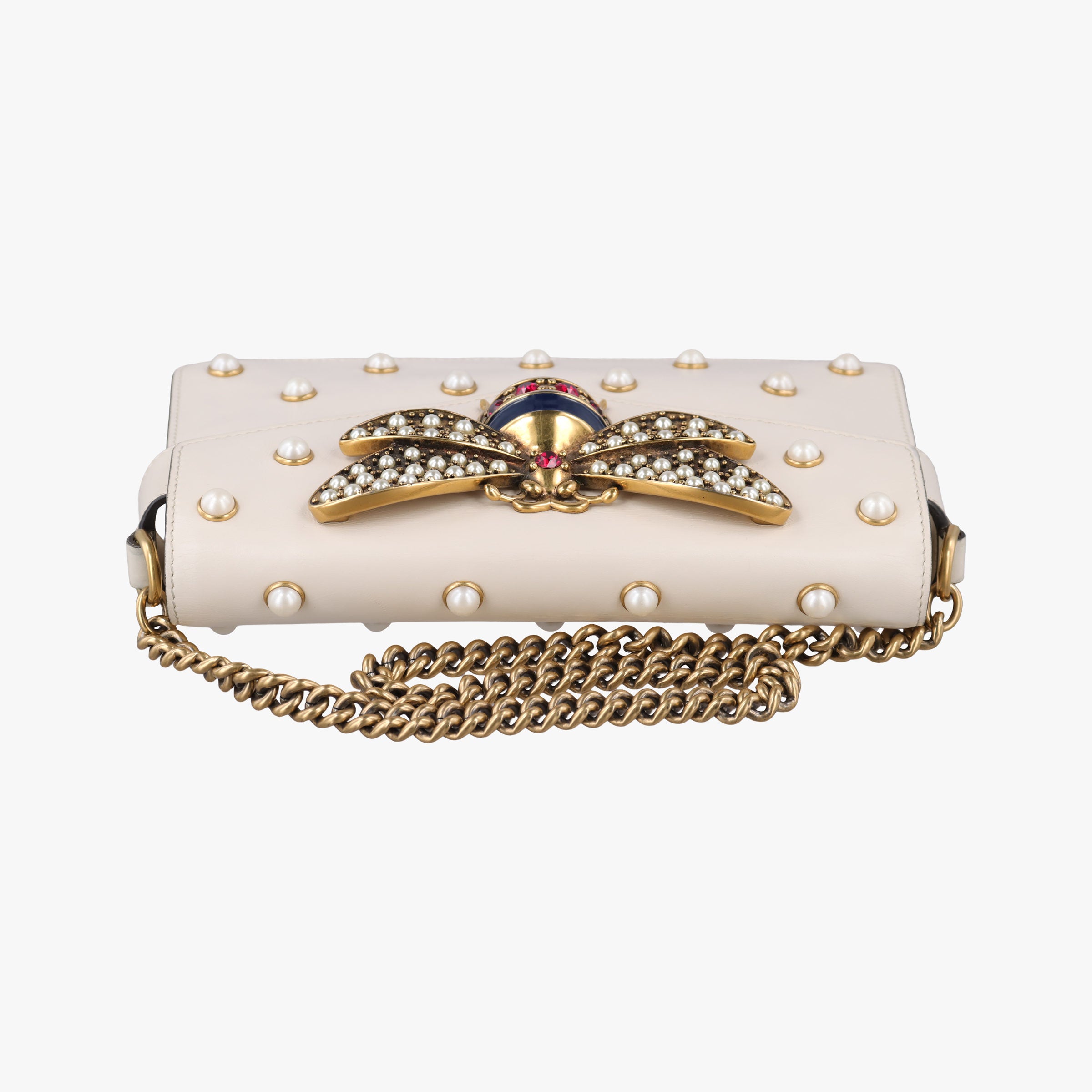 Pre-owned Gucci Broadway Pearl Bee White Leather 453778 shoulderbag | stylenewstar
