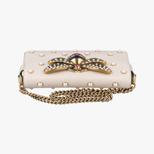 Pre-owned Gucci Broadway Pearl Bee White Leather 453778 shoulderbag | stylenewstar