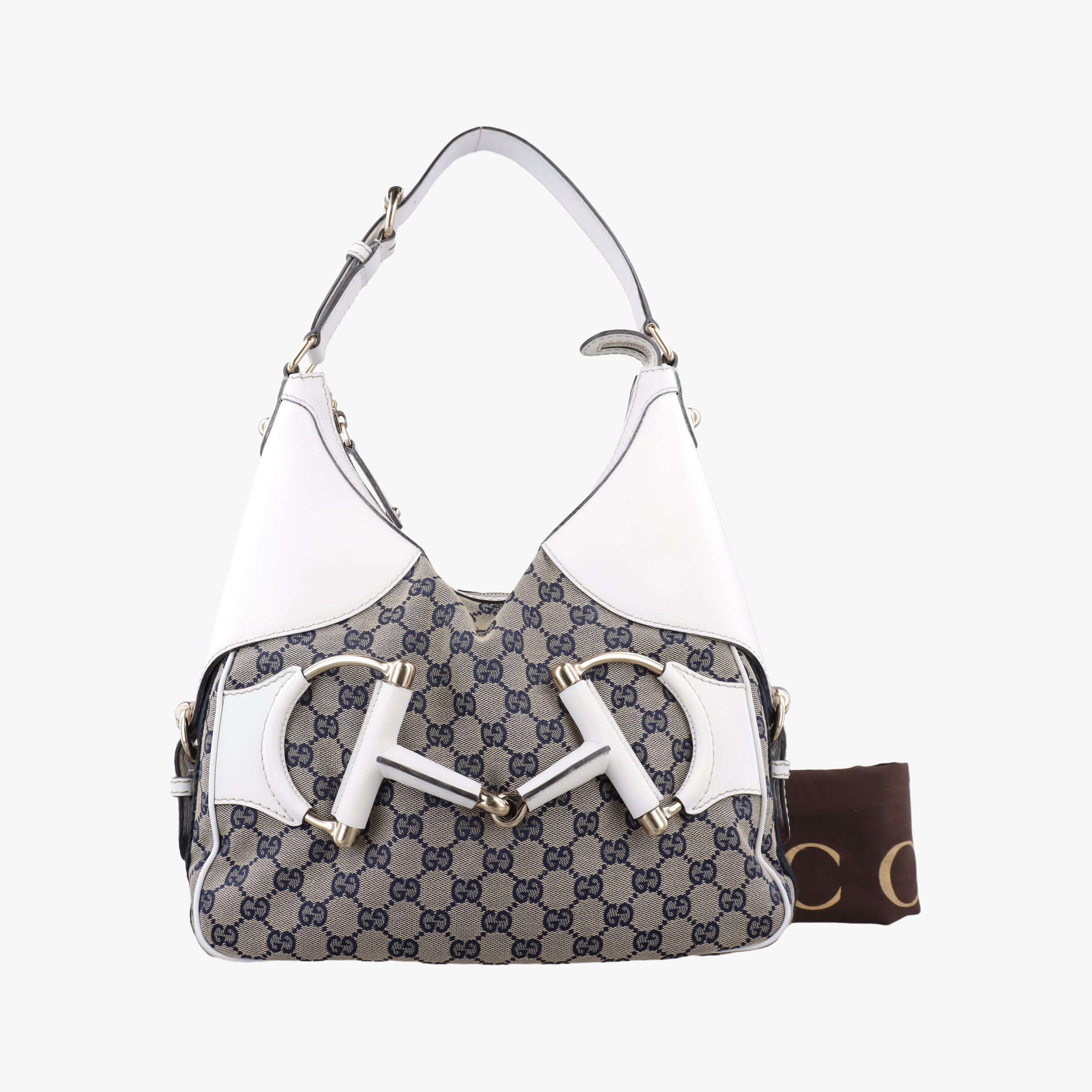 Vintage Gucci Heritage Horsebit Hobo White×Navy x beige canvas×leather 247604 shoulderbag | stylenewstar