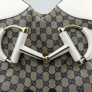 Vintage Gucci Heritage Horsebit Hobo White×Navy x beige canvas×leather 247604 shoulderbag | stylenewstar