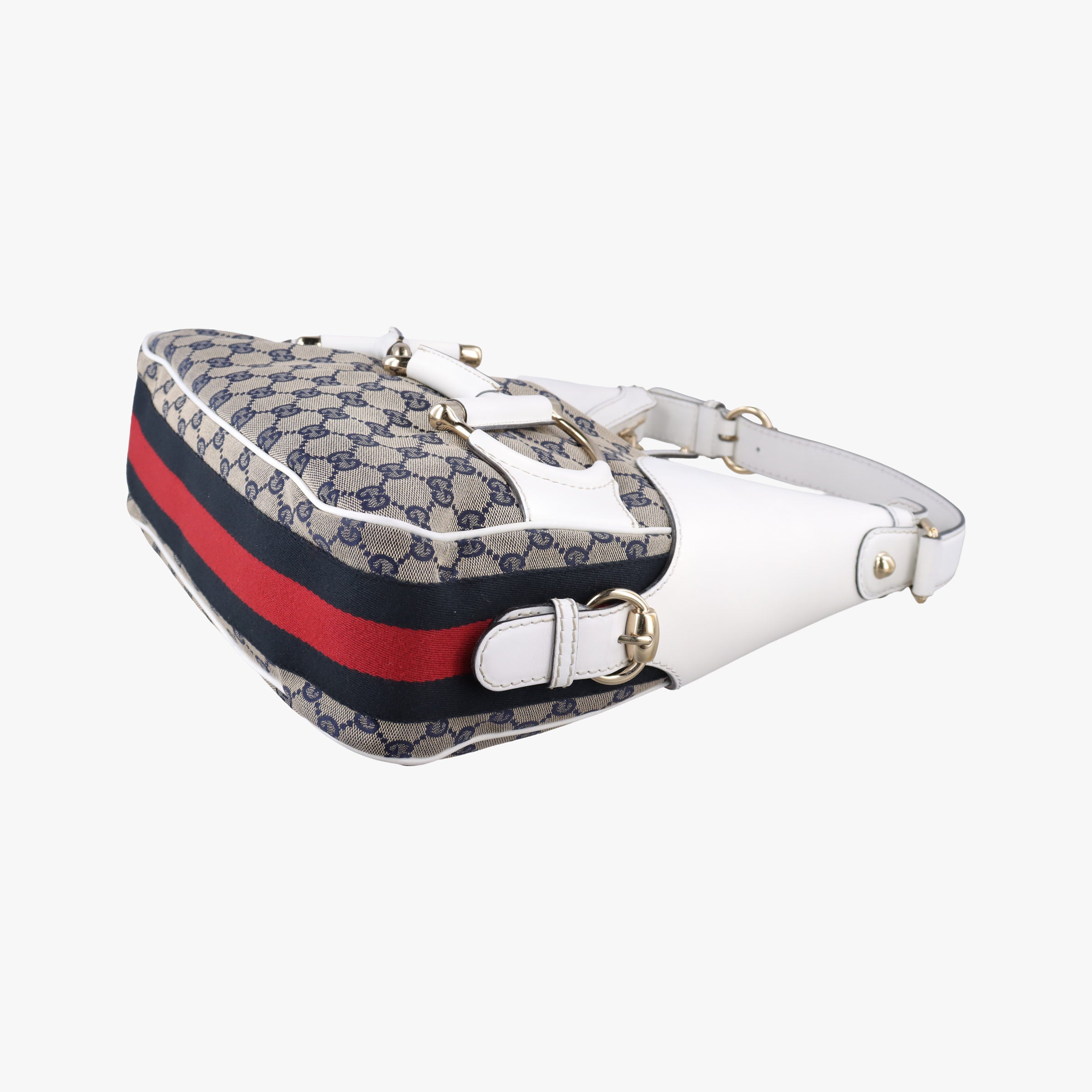 Vintage Gucci Heritage Horsebit Hobo White×Navy x beige canvas×leather 247604 shoulderbag | stylenewstar