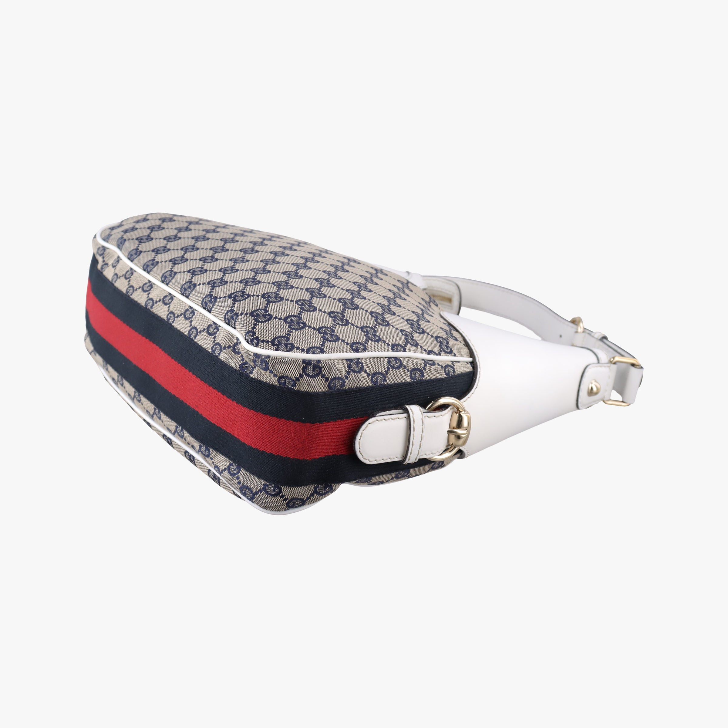 Vintage Gucci Heritage Horsebit Hobo White×Navy x beige canvas×leather 247604 shoulderbag | stylenewstar