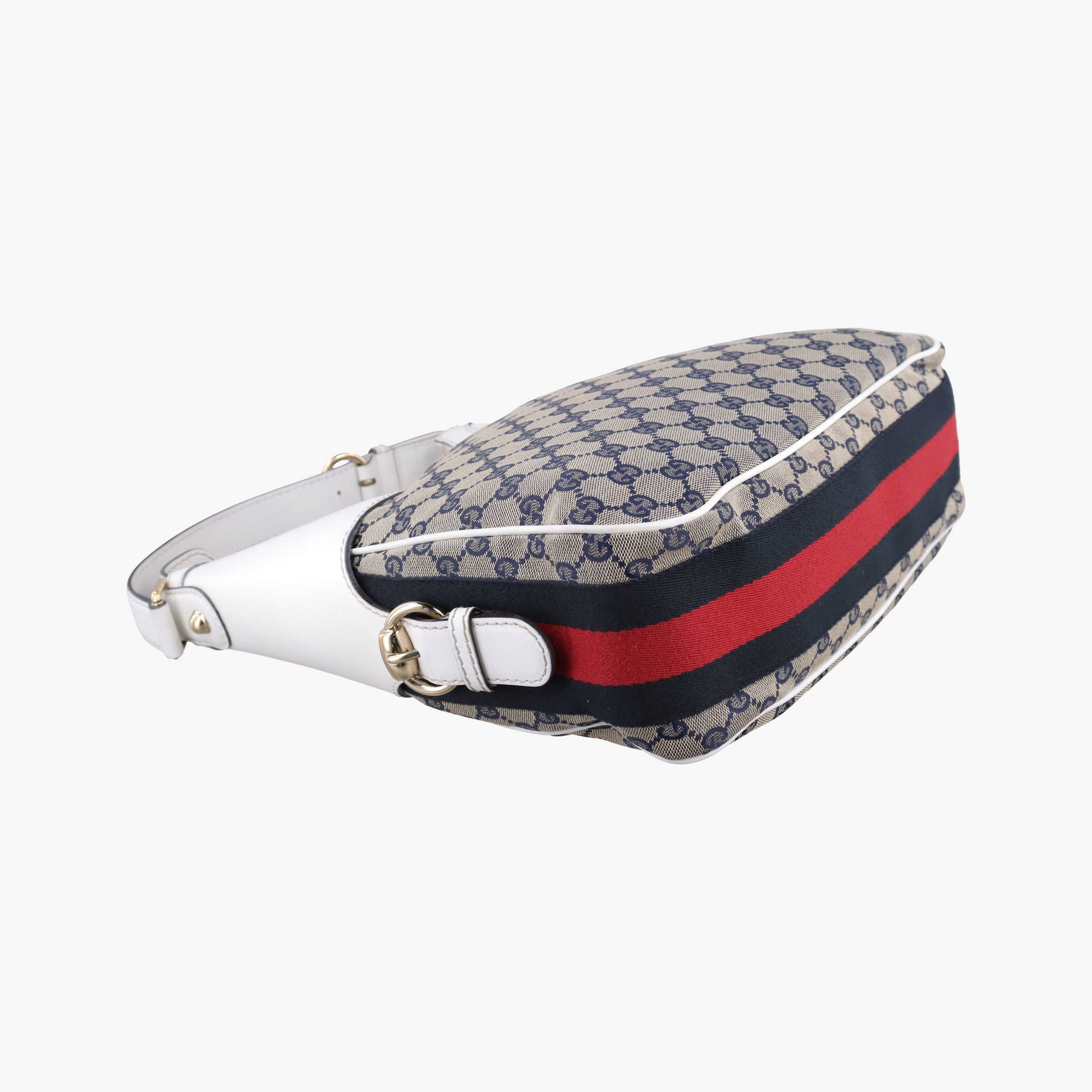 Vintage Gucci Heritage Horsebit Hobo White×Navy x beige canvas×leather 247604 shoulderbag | stylenewstar