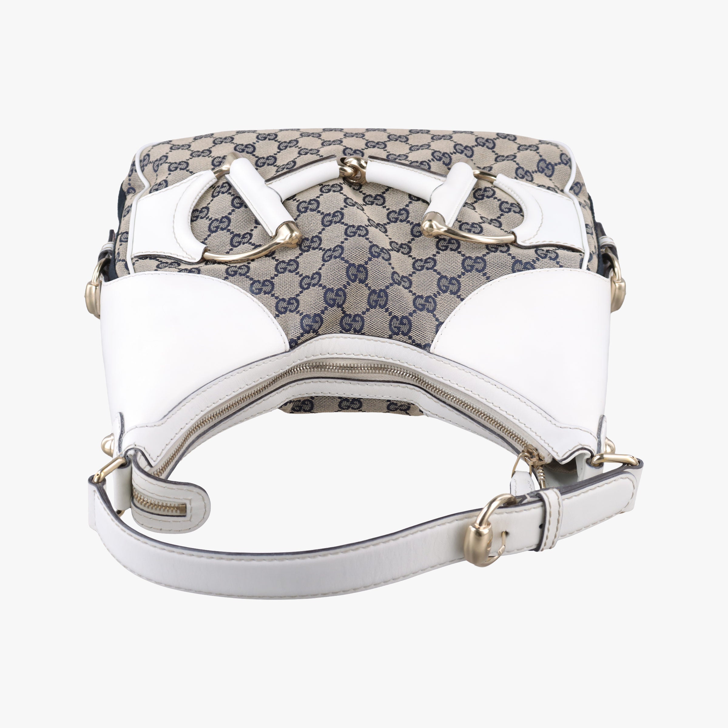 Vintage Gucci Heritage Horsebit Hobo White×Navy x beige canvas×leather 247604 shoulderbag | stylenewstar