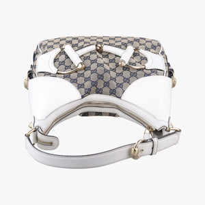 Vintage Gucci Heritage Horsebit Hobo White×Navy x beige canvas×leather 247604 shoulderbag | stylenewstar