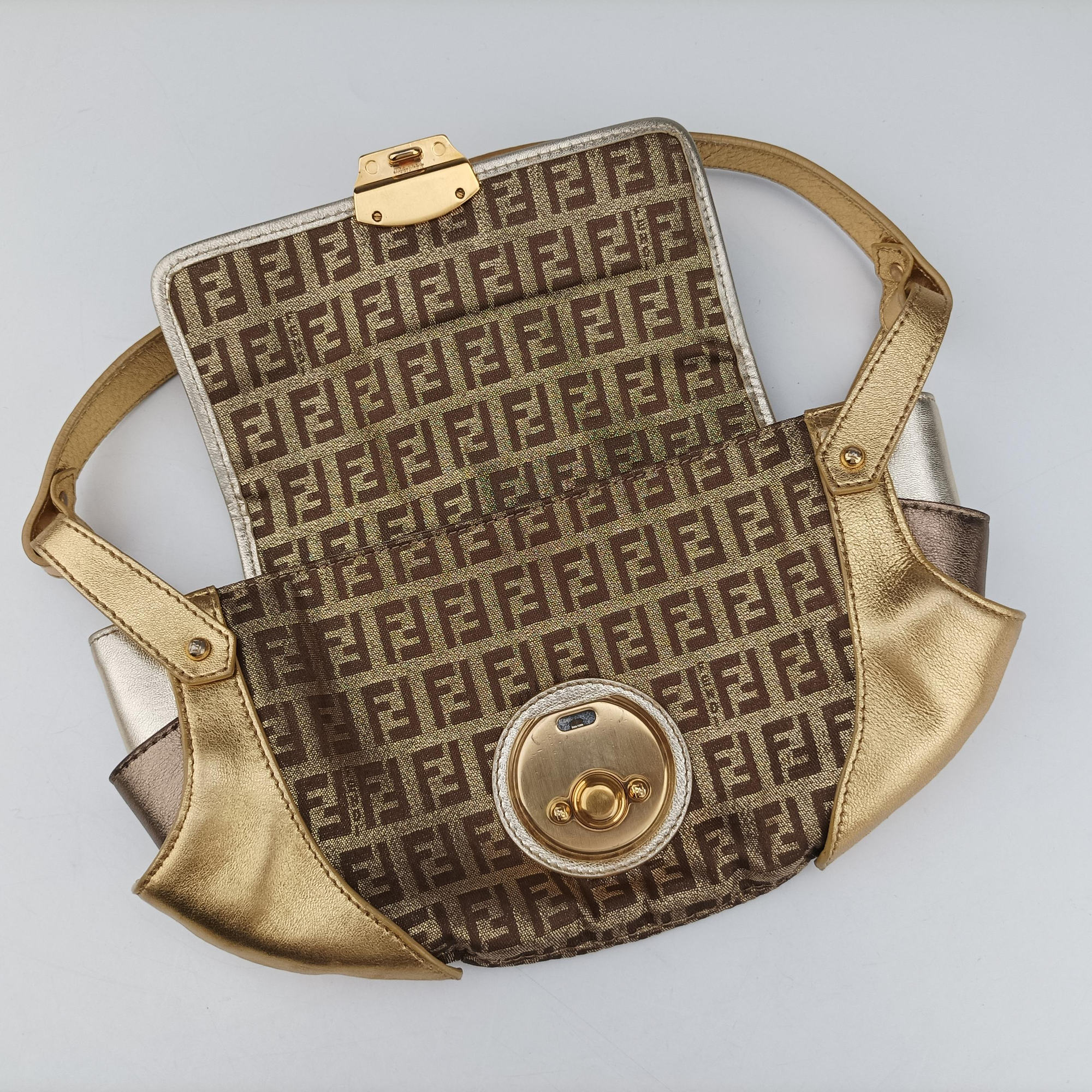 Pre-owned Fendi Zucchino Borsa golden×Multicolour canvas×leather 8BR429 shoulderbag | stylenewstar