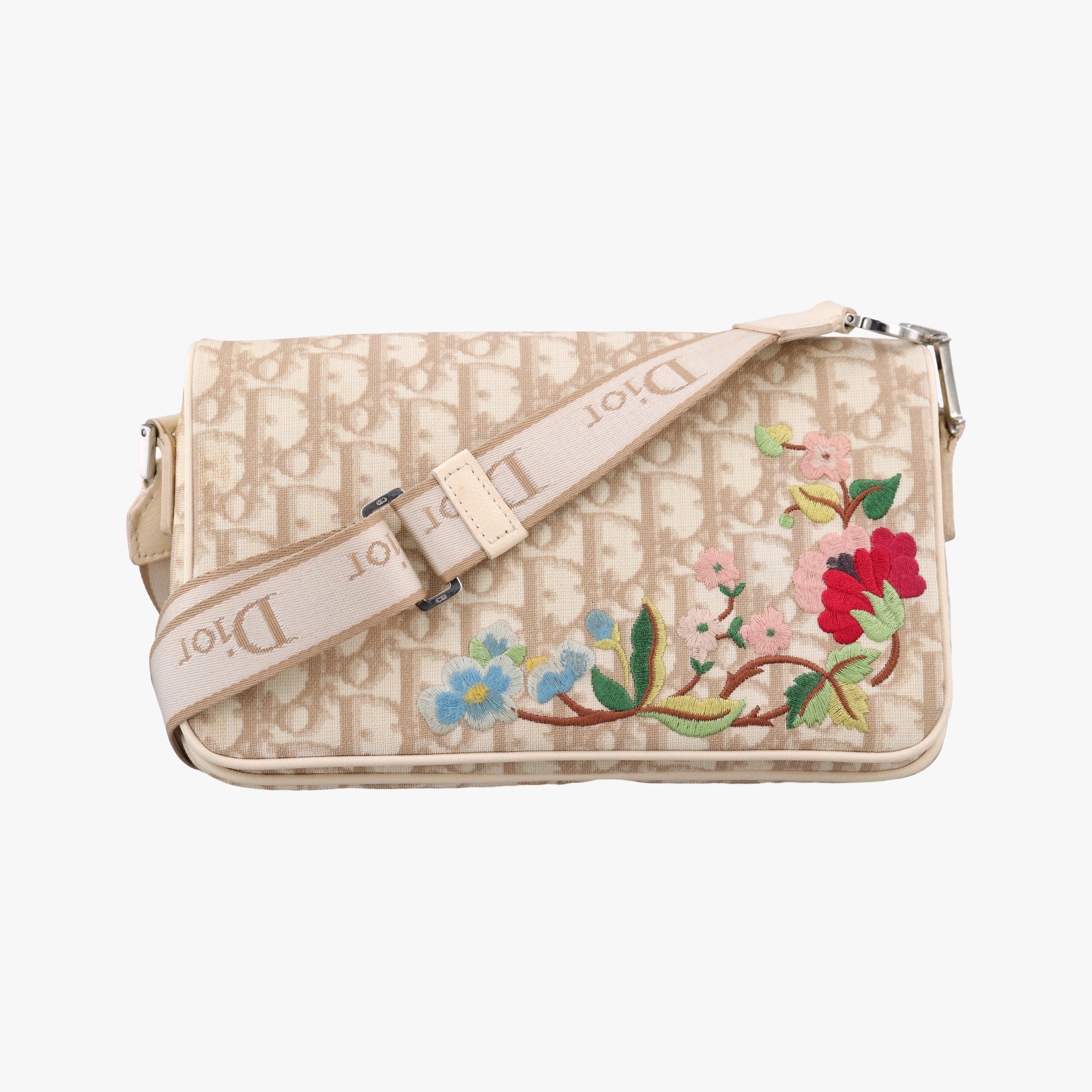 Pre-owned Christian Dior Trotter Flower Beige PVC Coated Canvas Floral Embroidery  shoulderbag | stylenewstar