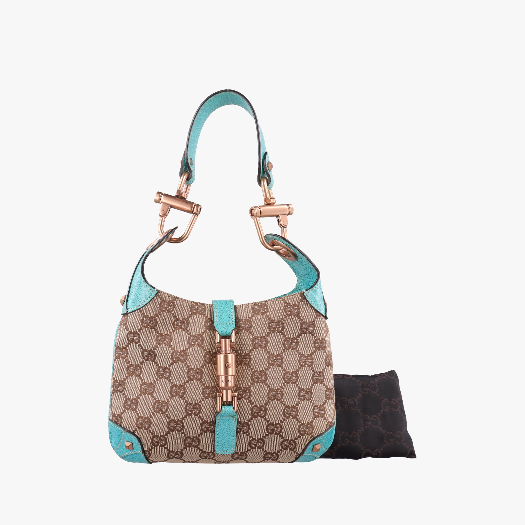 Secondhand Gucci Piston Lock Jackie Hobo khaki×blue canvas×leather 120885 shoulderbag | stylenewstar