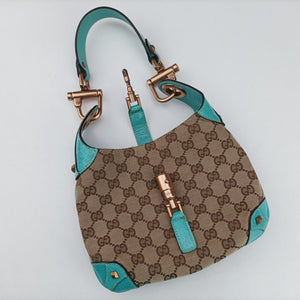 Secondhand Gucci Piston Lock Jackie Hobo khaki×blue canvas×leather 120885 shoulderbag | stylenewstar