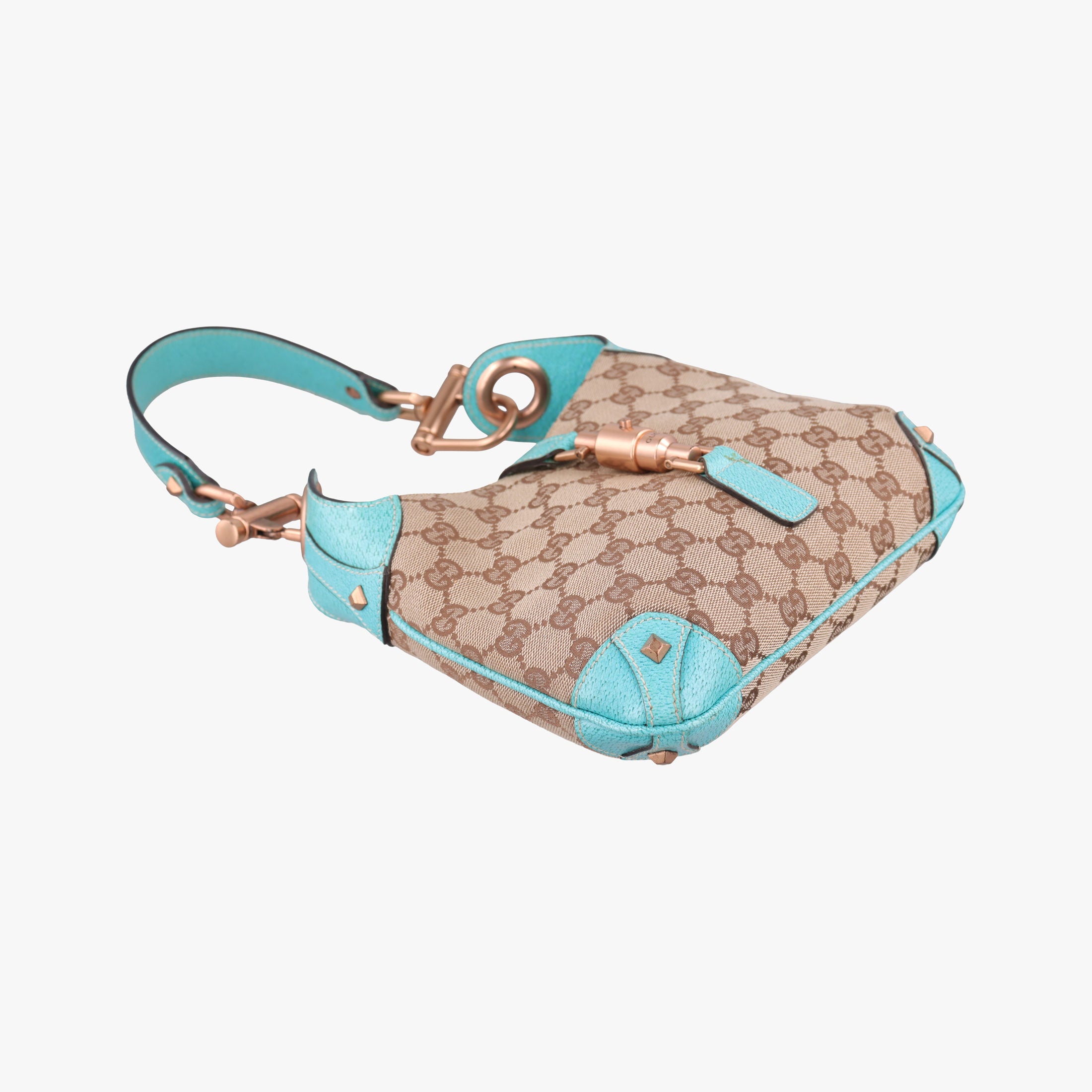Secondhand Gucci Piston Lock Jackie Hobo khaki×blue canvas×leather 120885 shoulderbag | stylenewstar