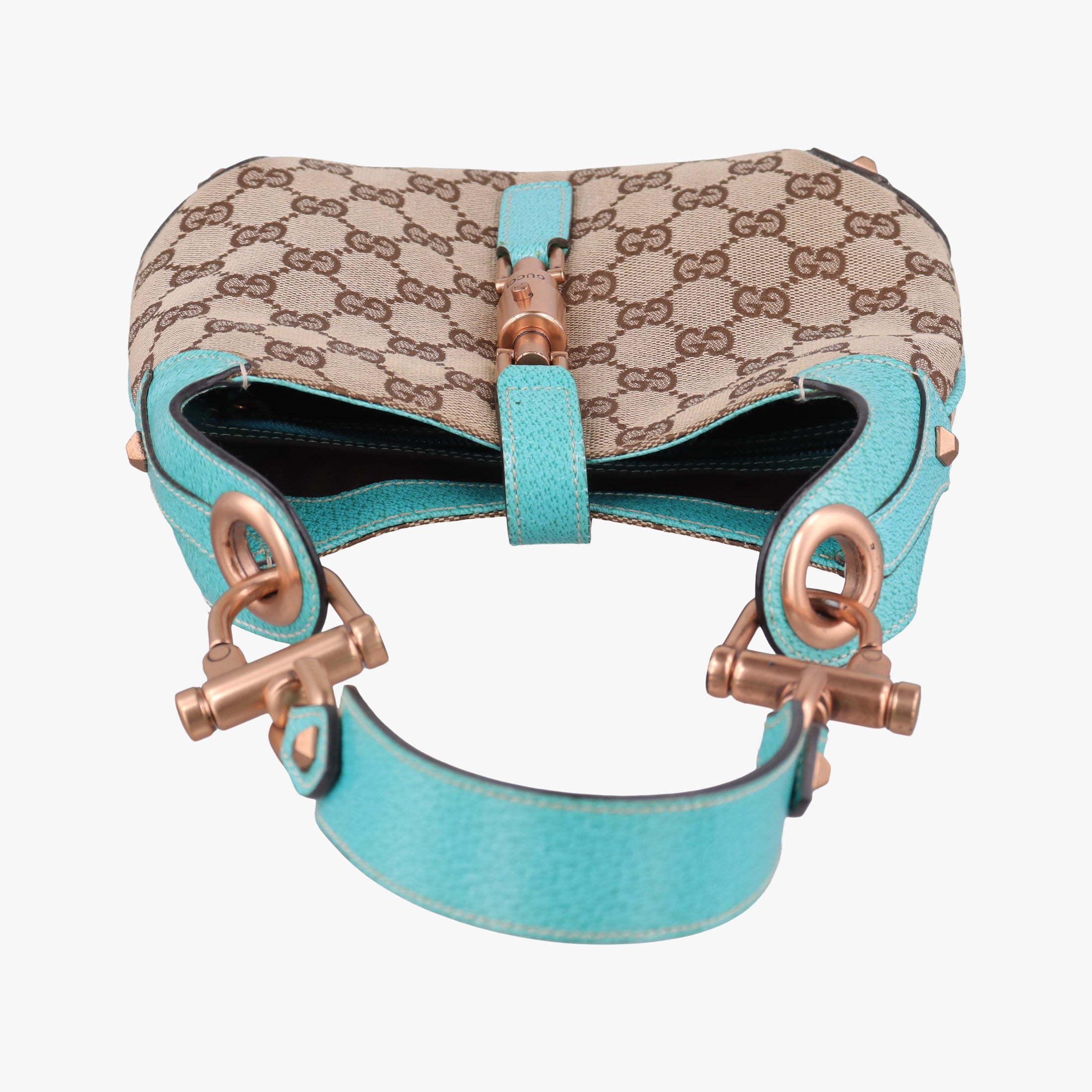 Secondhand Gucci Piston Lock Jackie Hobo khaki×blue canvas×leather 120885 shoulderbag | stylenewstar