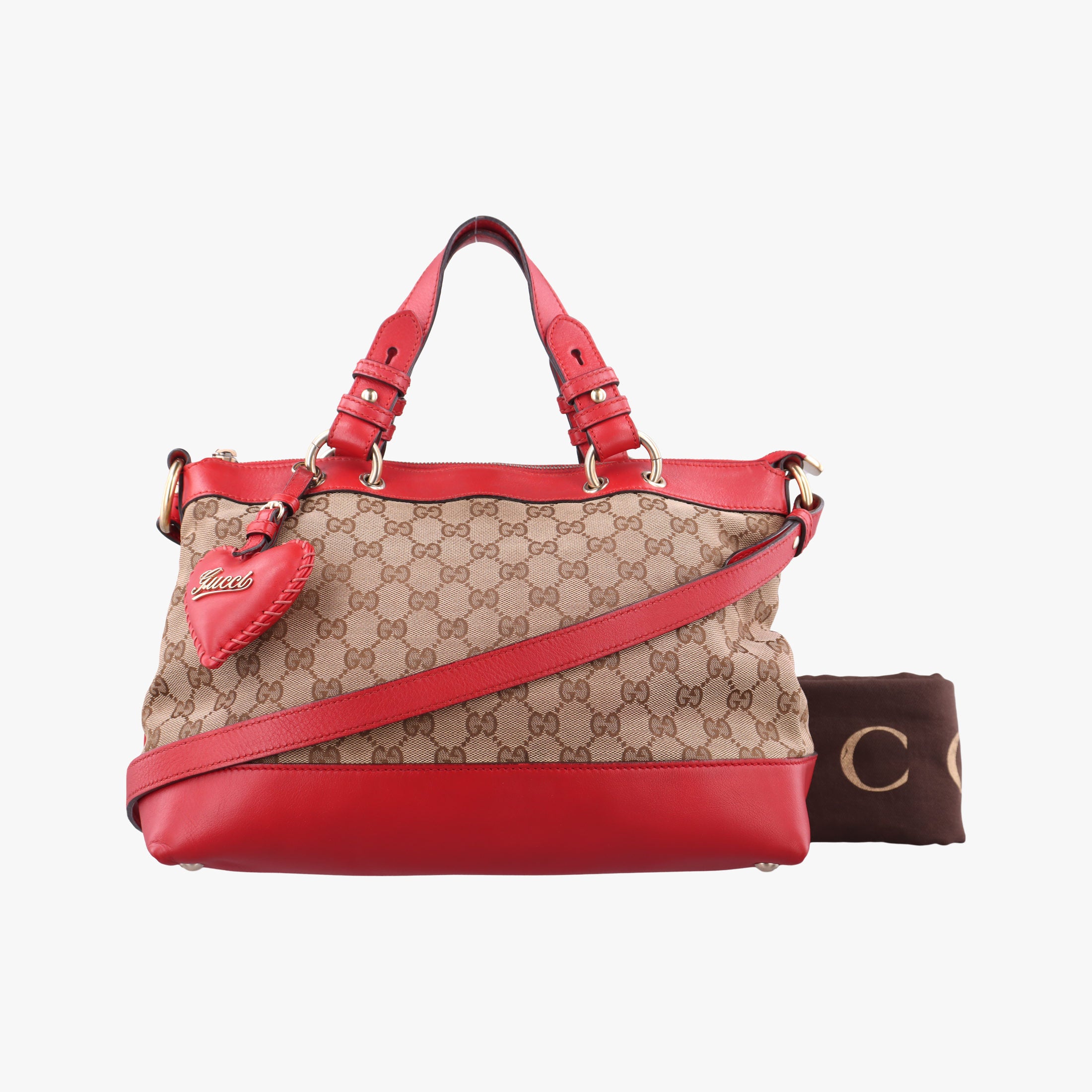 Pre-owned Gucci Valentine heart charm beige×red Canvas×Leather 309122 shoulderbag | stylenewstar
