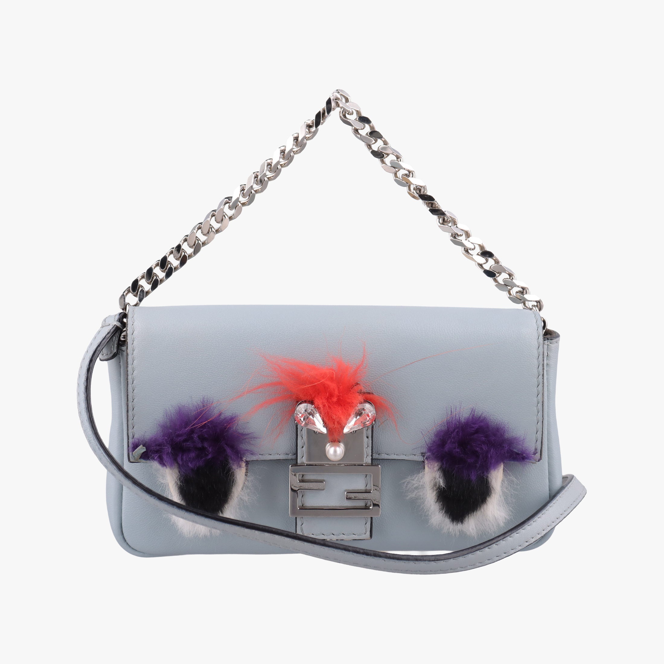 Pre-owned Fendi monster micro Baguette GreyBlue Leather 8M0354 shoulderbag | stylenewstar