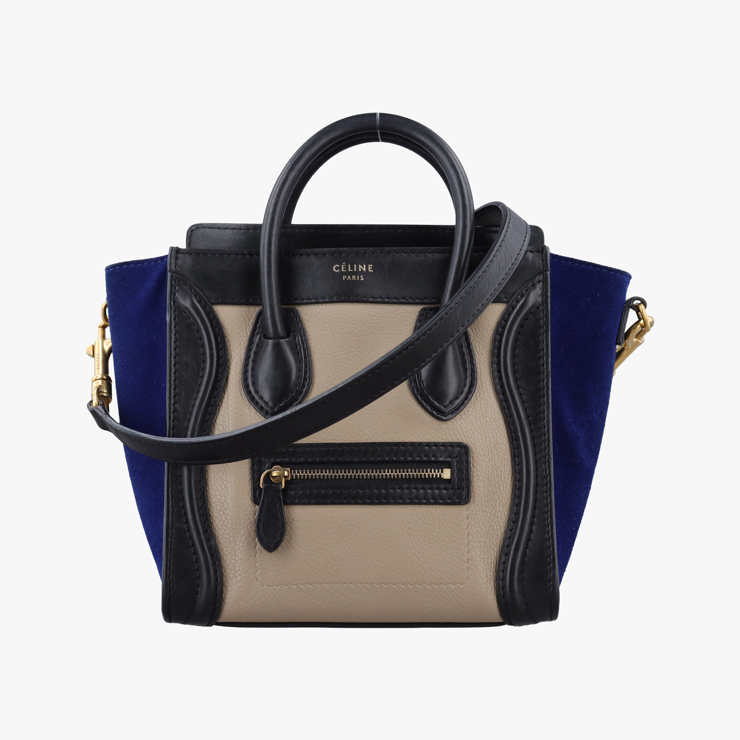 Pre-owned Celine Luggage Mini Shopper Beige×black×blue Suede × leather  shoulderbag | stylenewstar