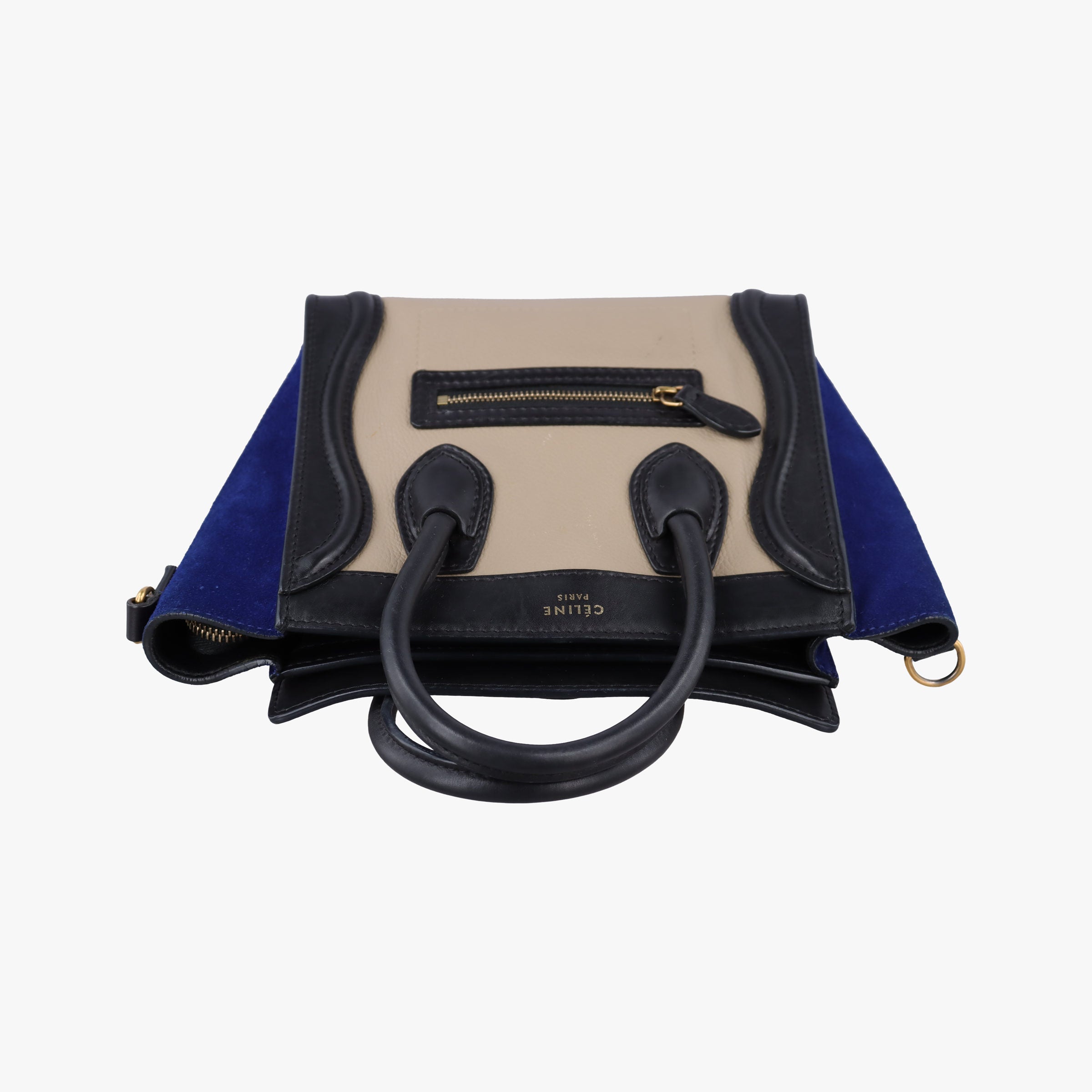 Pre-owned Celine Luggage Mini Shopper Beige×black×blue Suede × leather  shoulderbag | stylenewstar