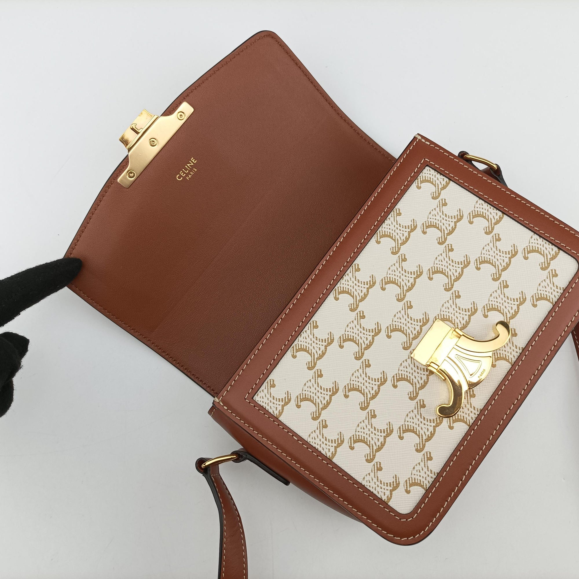 Pre-owned Celine Teen Triomphe White×brown PVC coated canvas  shoulderbag | stylenewstar