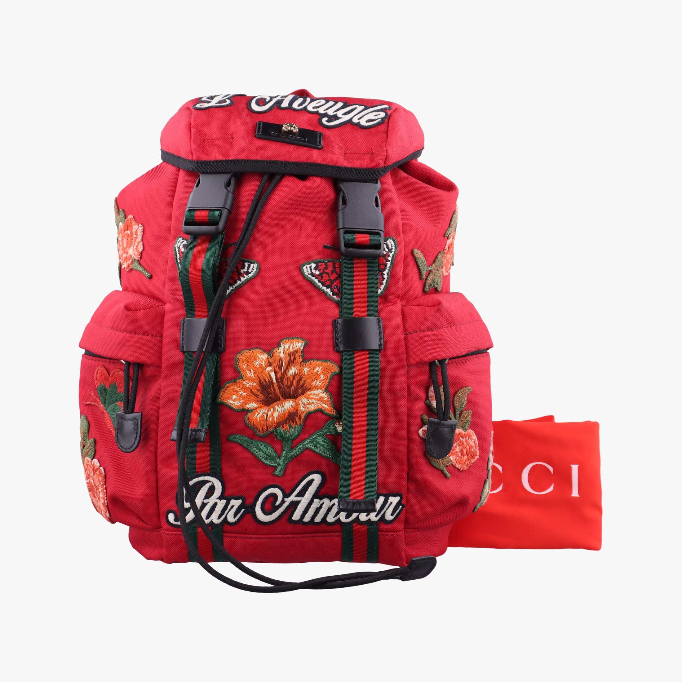 Pre-owned Gucci Techno Vintage Web L'Aveugle Par Amour Embroidered Red canvas 478327 backpack/rucksack | stylenewstar