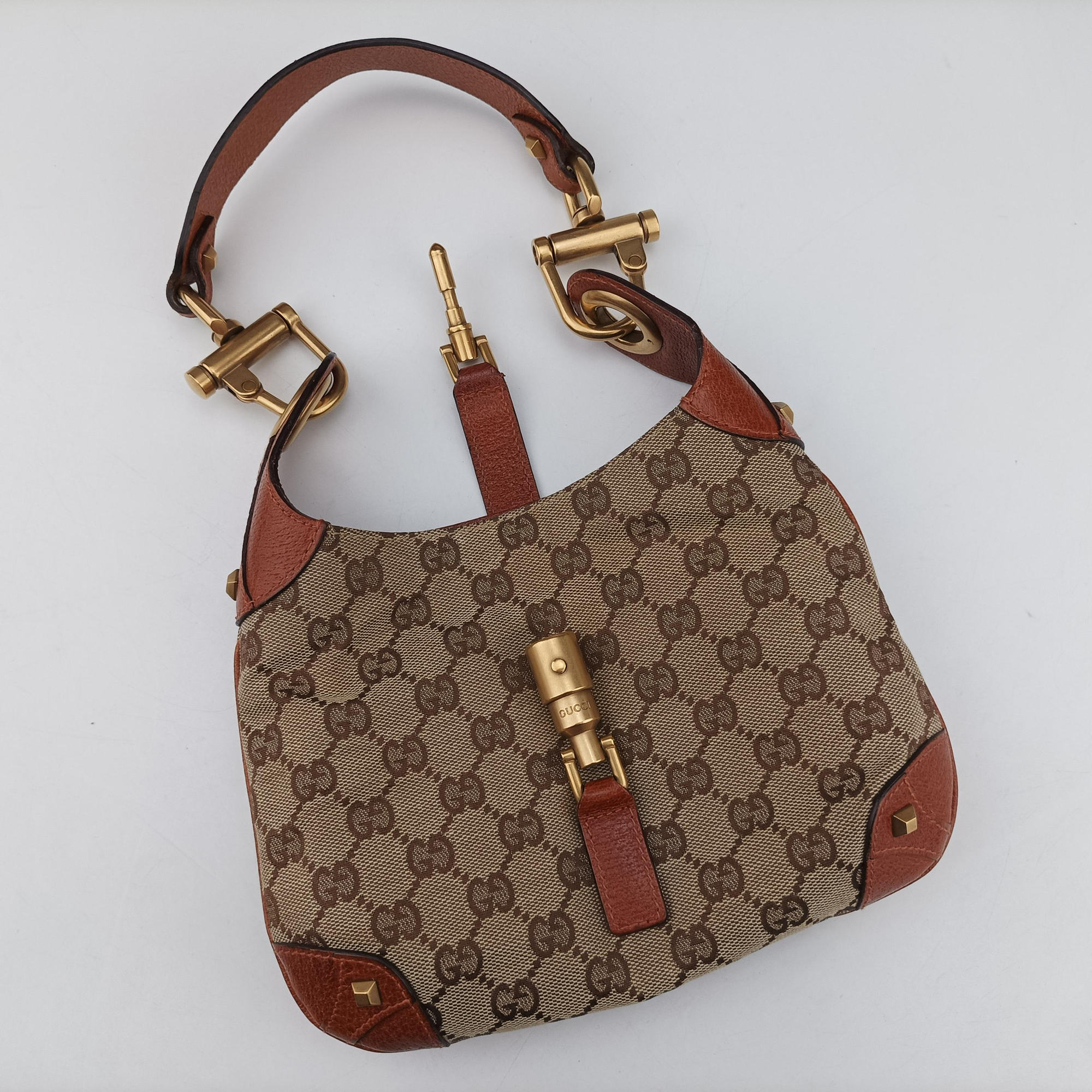 Pre-owned Gucci Piston Lock Jackie Hobo Brown canvas×leather 120885 handbag | stylenewstar