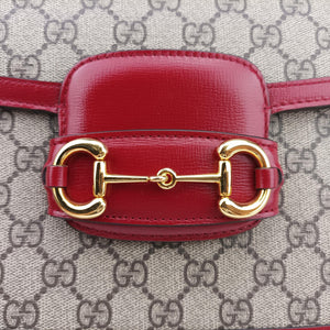 Pre-owned Gucci The Hacker Project Horsebit 1955 Beige × Brown × Red PVC coated canvas×Leather 602204 shoulderbag | stylenewstar