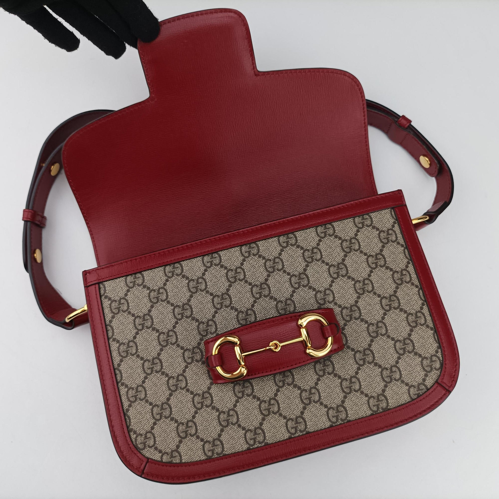 Pre-owned Gucci The Hacker Project Horsebit 1955 Beige × Brown × Red PVC coated canvas×Leather 602204 shoulderbag | stylenewstar