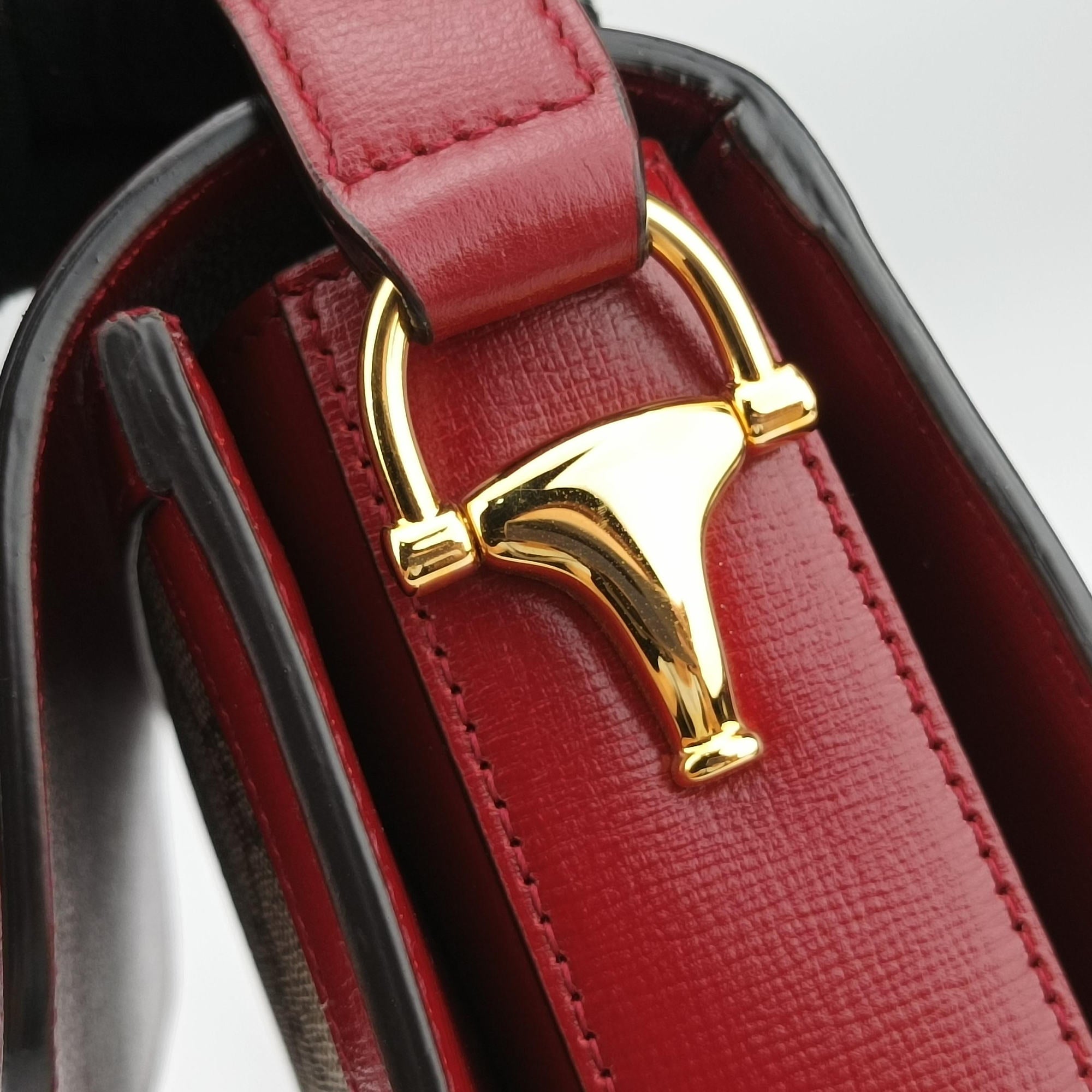 Pre-owned Gucci The Hacker Project Horsebit 1955 Beige × Brown × Red PVC coated canvas×Leather 602204 shoulderbag | stylenewstar
