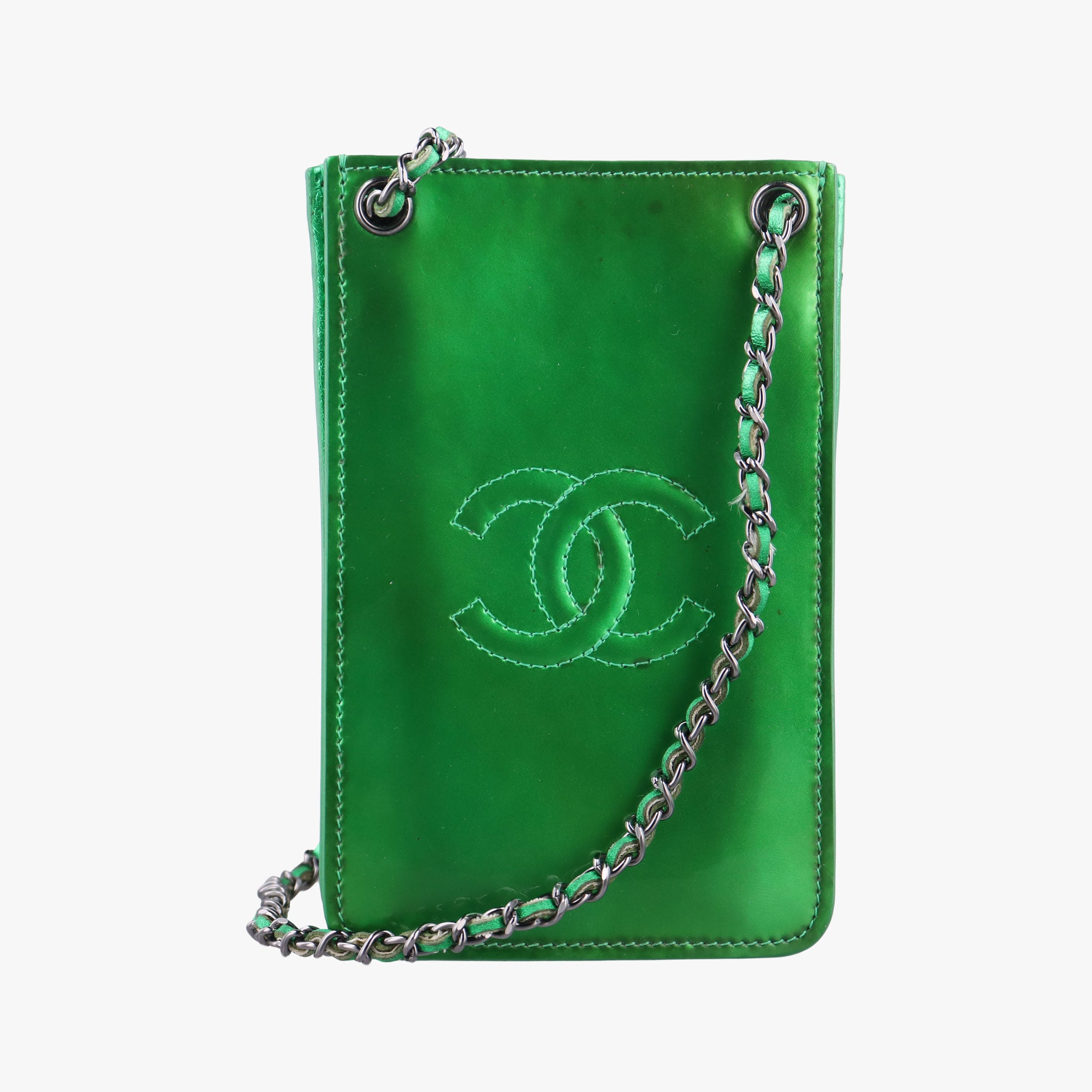 Pre-owned Chanel Cocomark phone holder Green Patent Leather A92304 shoulderbag | stylenewstar