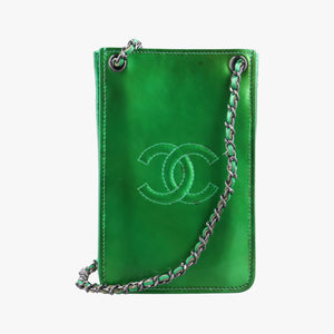 Pre-owned Chanel Cocomark phone holder Green Patent Leather A92304 shoulderbag | stylenewstar