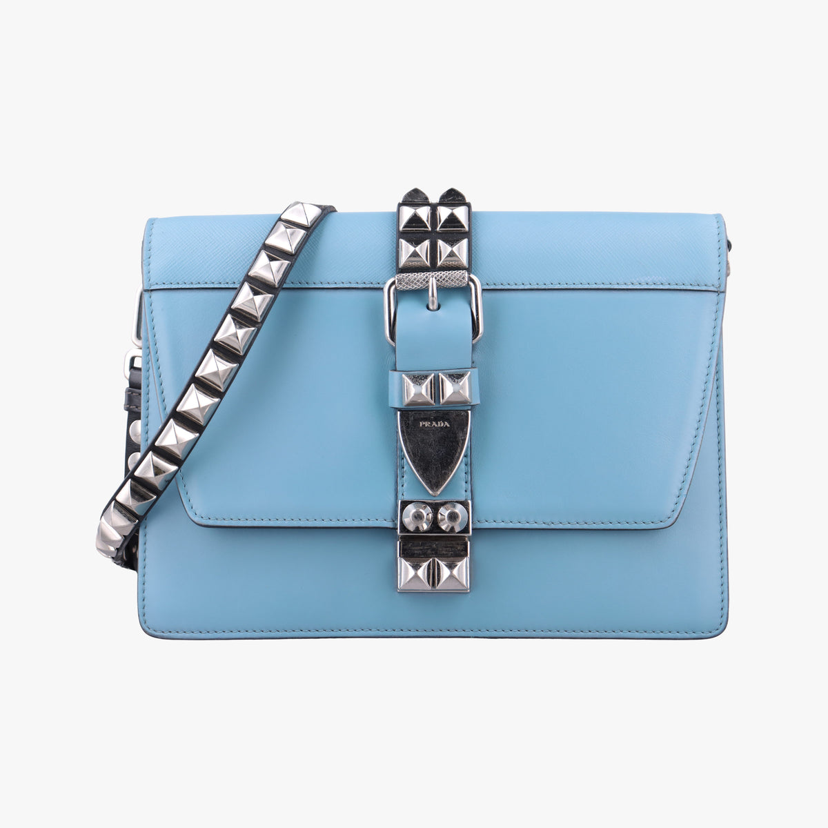 Pre-owned Prada Electra Studded Blue Leather 1BD120 shoulderbag | stylenewstar