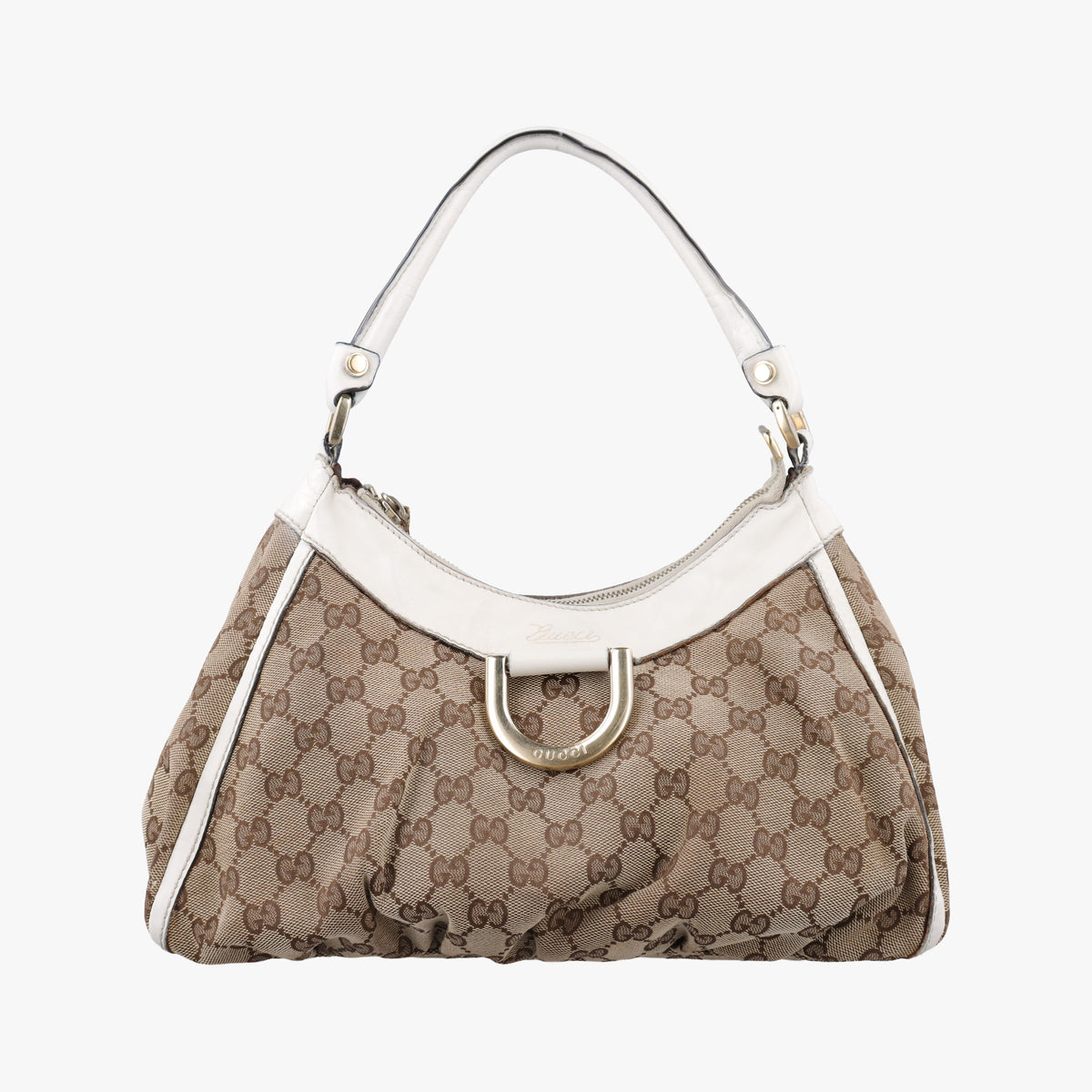 Pre-owned Gucci Abbey D-ring Hobo Beige×White canvas×leather 190525 handbag | stylenewstar