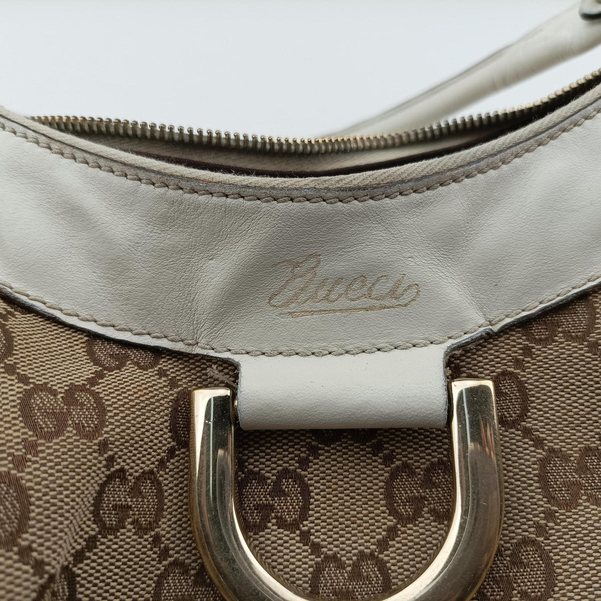 Pre-owned Gucci Abbey D-ring Hobo Beige×White canvas×leather 190525 handbag | stylenewstar