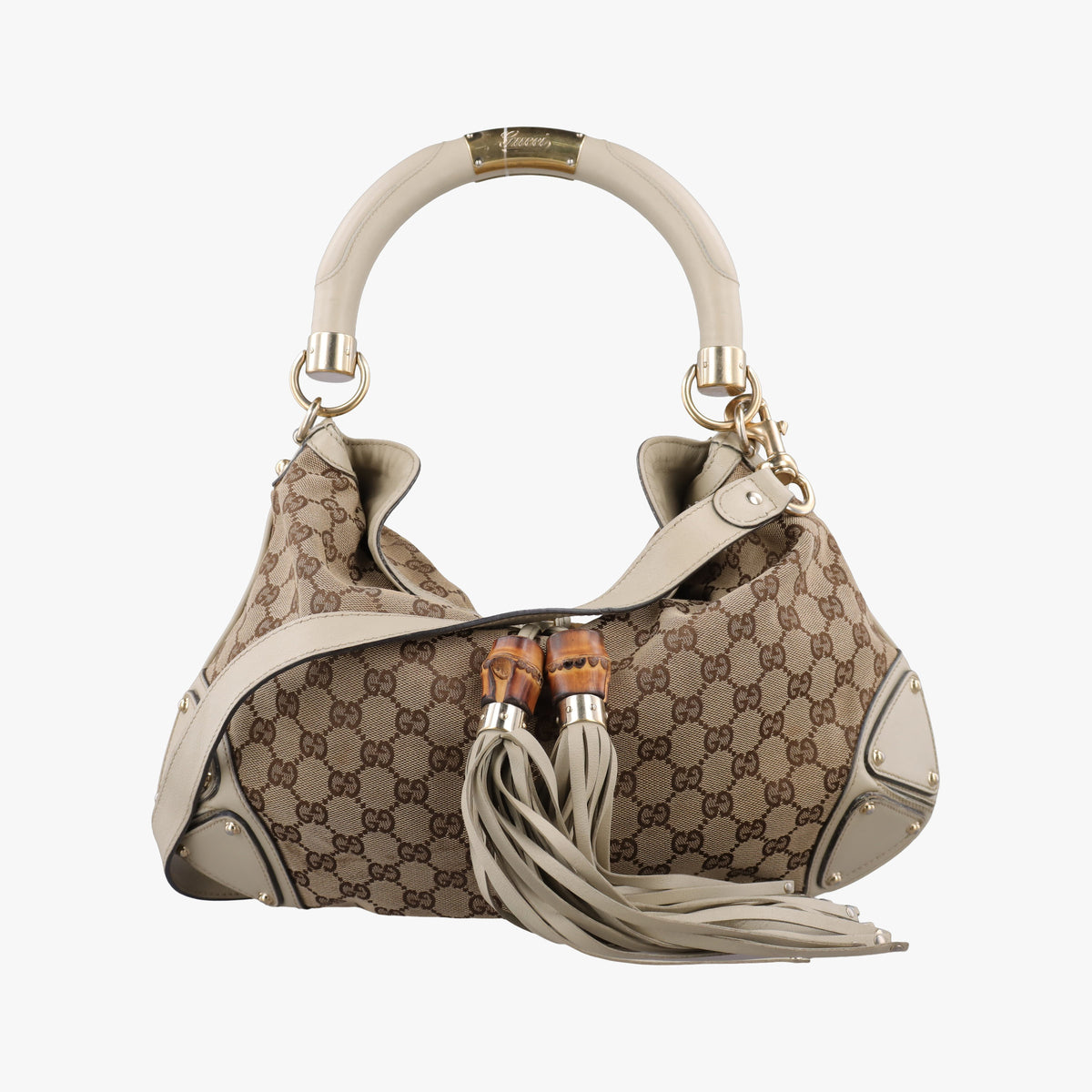 Pre-owned Gucci Indy Babouska Brown×White Canvas×Leather 185566 shoulderbag | stylenewstar