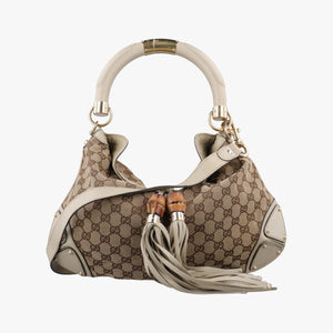 Pre-owned Gucci Indy Babouska Brown×White Canvas×Leather 185566 shoulderbag | stylenewstar