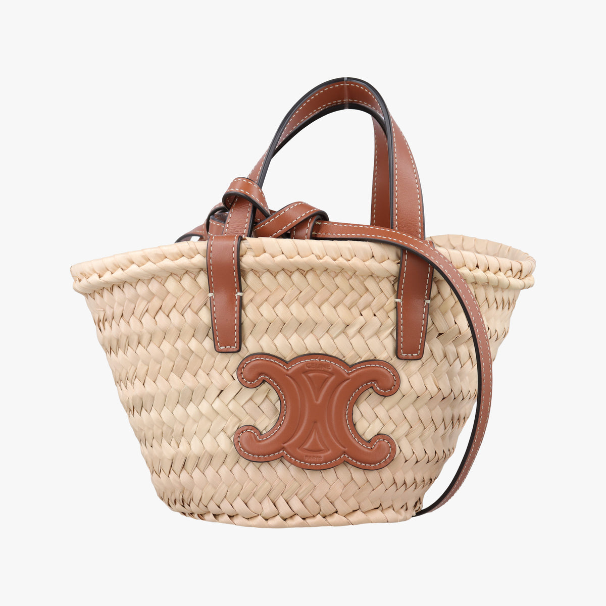 Pre-owned Celine Teen Triomphe Pannier Beige×Brown Leather×straw  shoulderbag | stylenewstar
