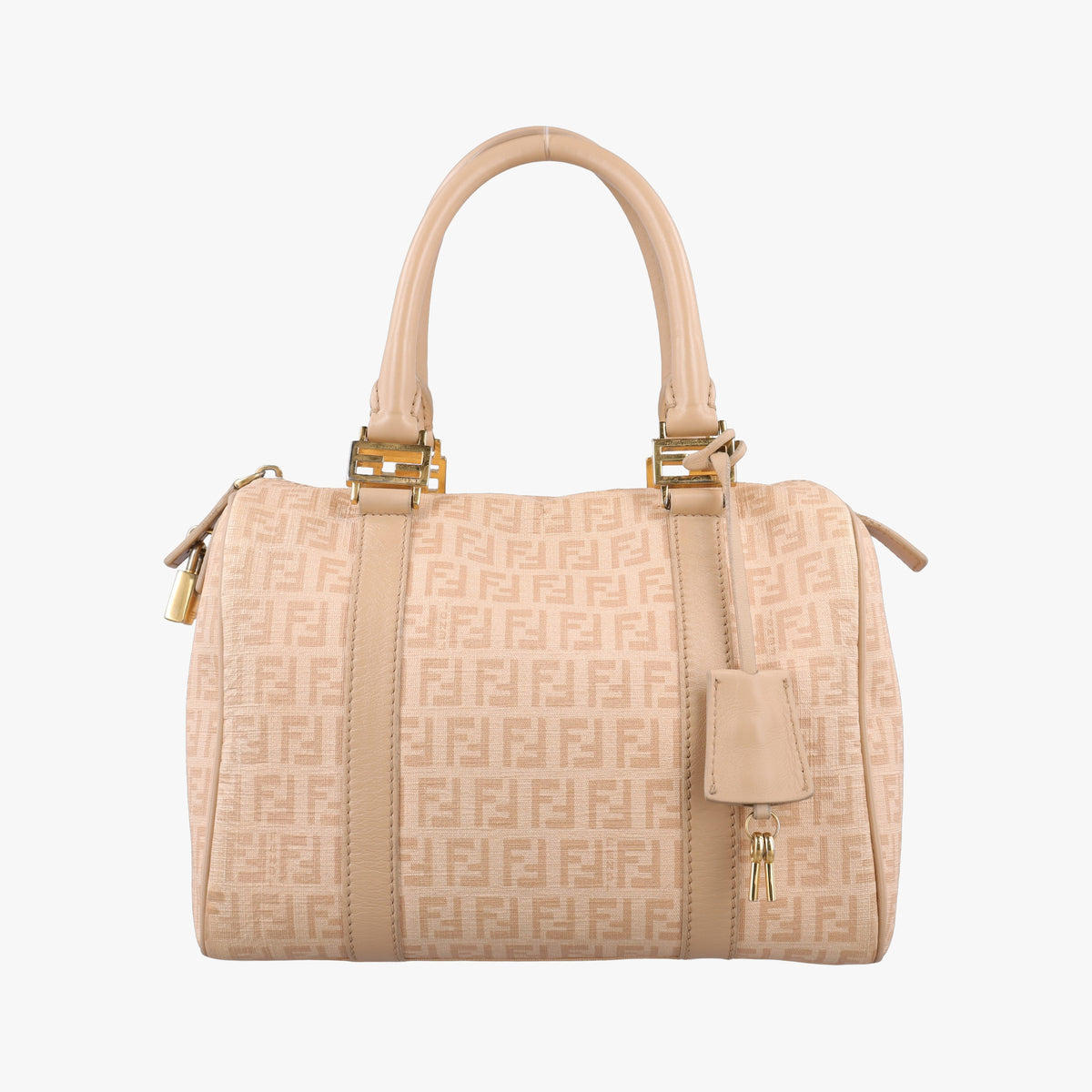 Pre-owned Fendi Zucchino boston Beige PVC coated canvas 8BL068 handbag | stylenewstar