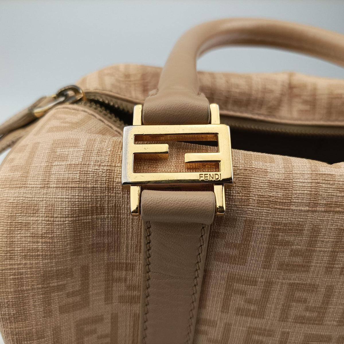Pre-owned Fendi Zucchino boston Beige PVC coated canvas 8BL068 handbag | stylenewstar