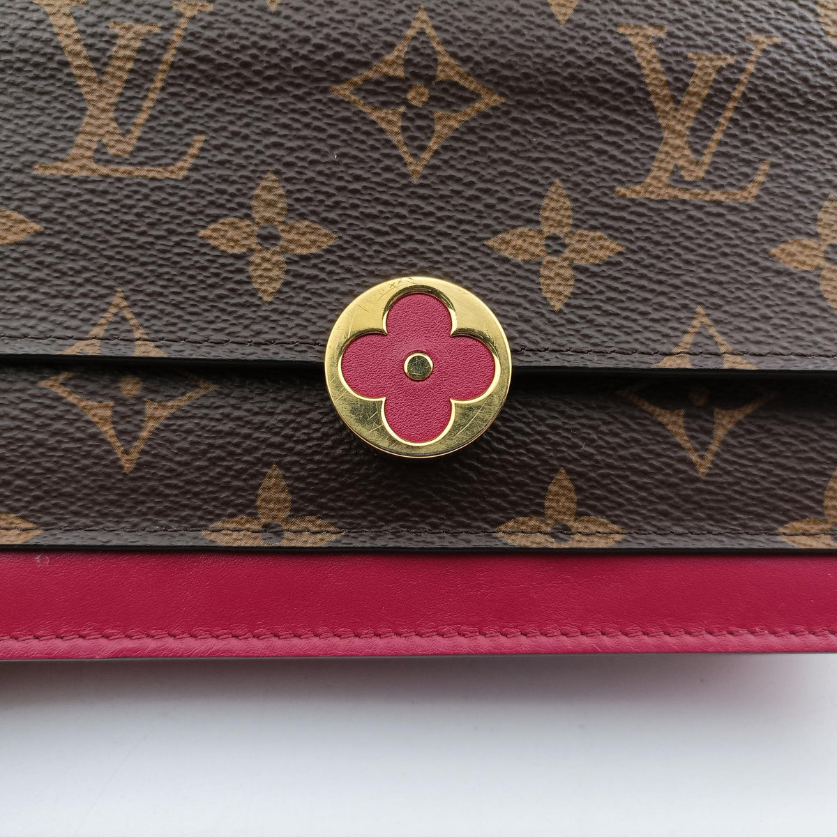Pre-owned Louis Vuitton Portefeuille FLORE Chain brown×LIE DE VIN Monogram Canvas×calf leather M67404 shoulderbag | stylenewstar