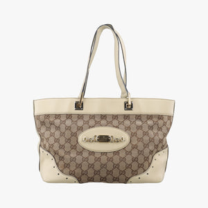Pre-owned Gucci logo plate White×Beige Leather×Canvas 145993 handbag | stylenewstar