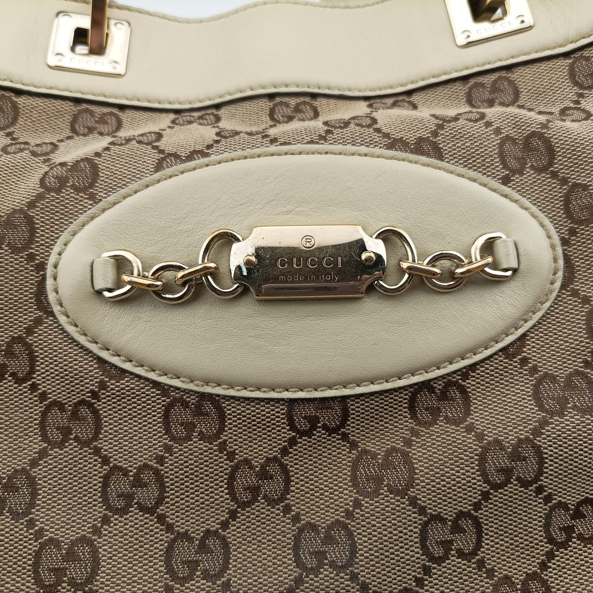 Pre-owned Gucci logo plate White×Beige Leather×Canvas 145993 handbag | stylenewstar
