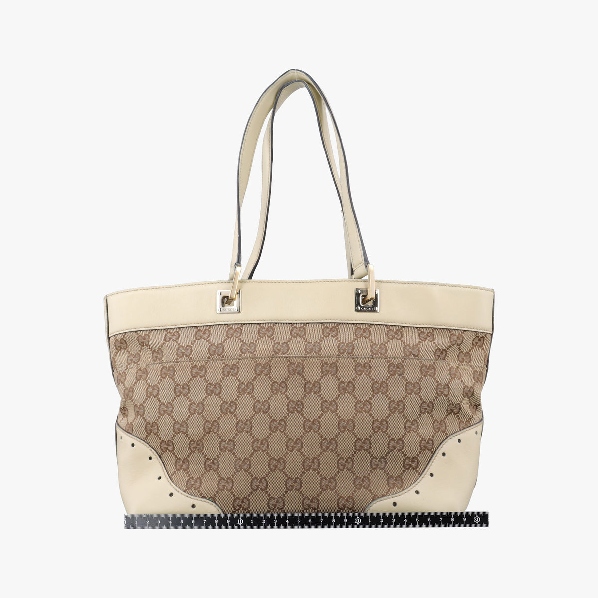 Pre-owned Gucci logo plate White×Beige Leather×Canvas 145993 handbag | stylenewstar
