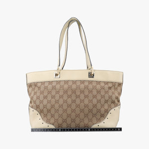 Pre-owned Gucci logo plate White×Beige Leather×Canvas 145993 handbag | stylenewstar