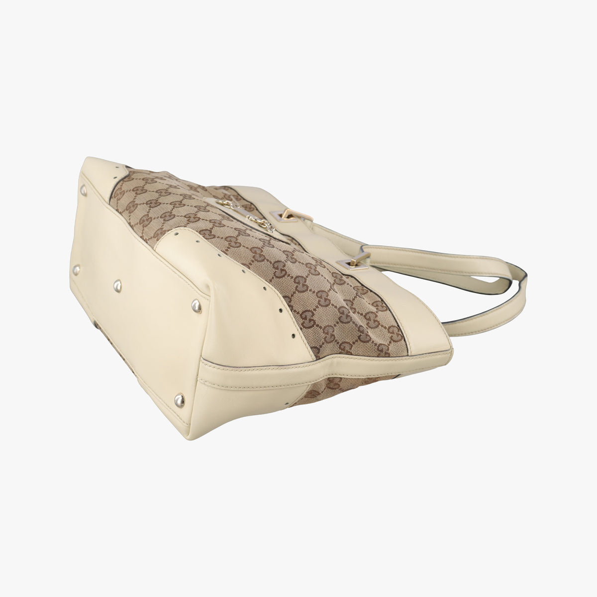 Pre-owned Gucci logo plate White×Beige Leather×Canvas 145993 handbag | stylenewstar