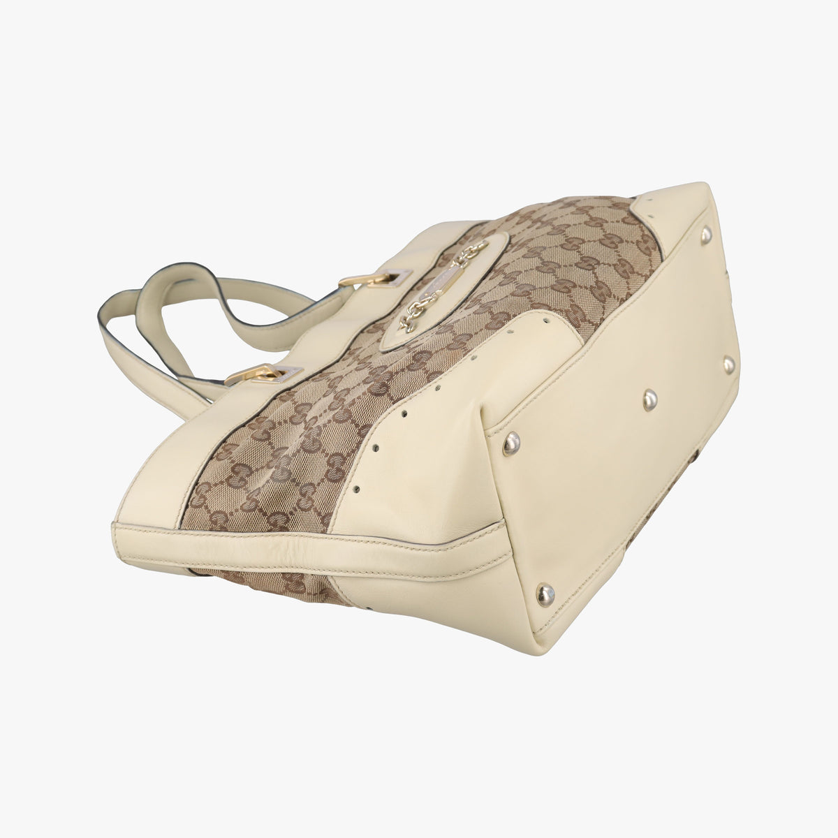 Pre-owned Gucci logo plate White×Beige Leather×Canvas 145993 handbag | stylenewstar