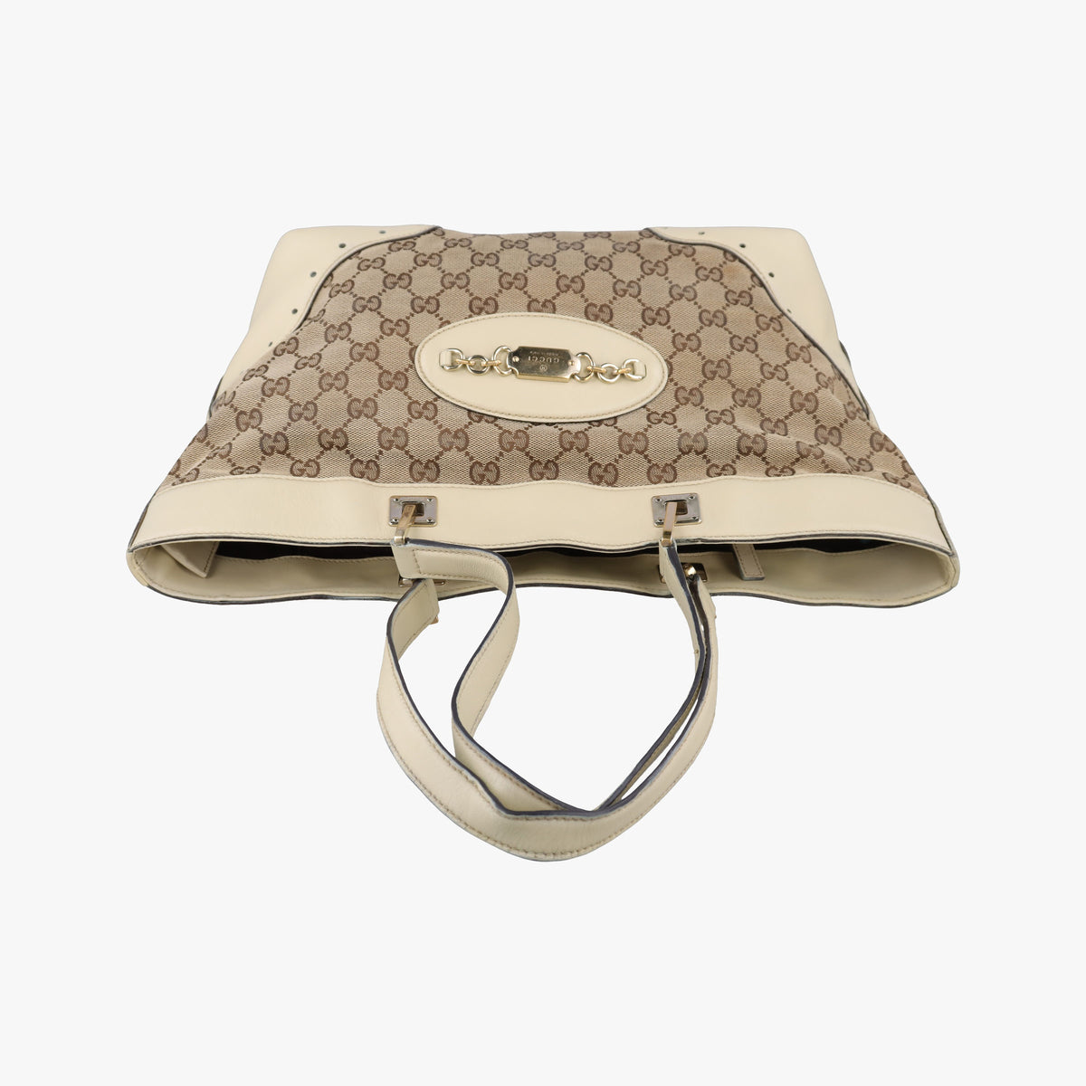 Pre-owned Gucci logo plate White×Beige Leather×Canvas 145993 handbag | stylenewstar