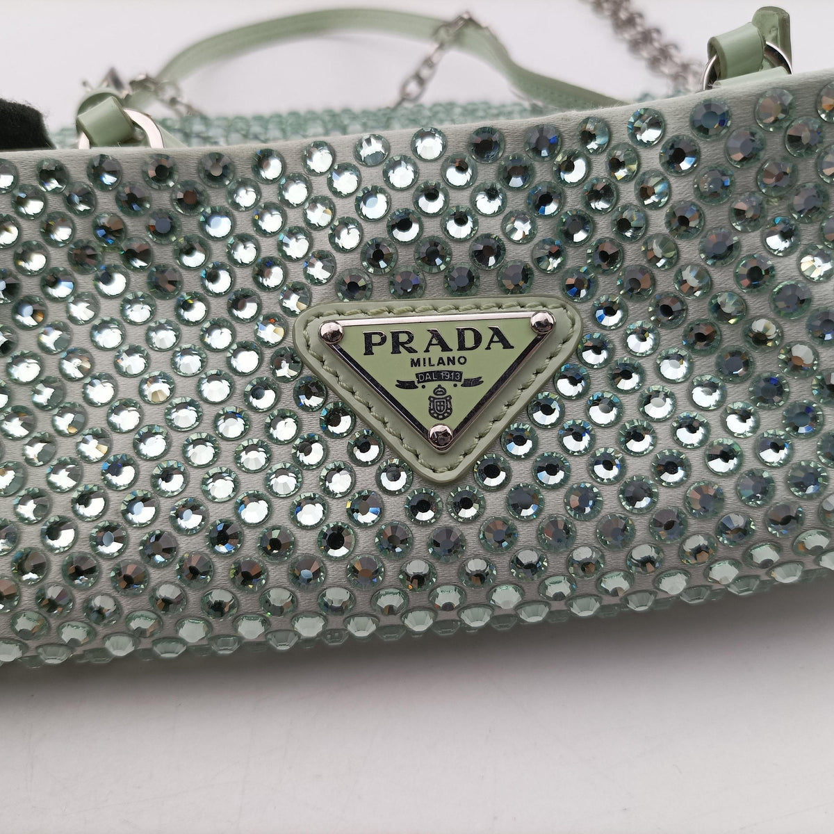 Pre-owned Prada Rosa Satin Crystal Mini Tote Green Rhinestone 1BA253 shoulderbag | stylenewstar