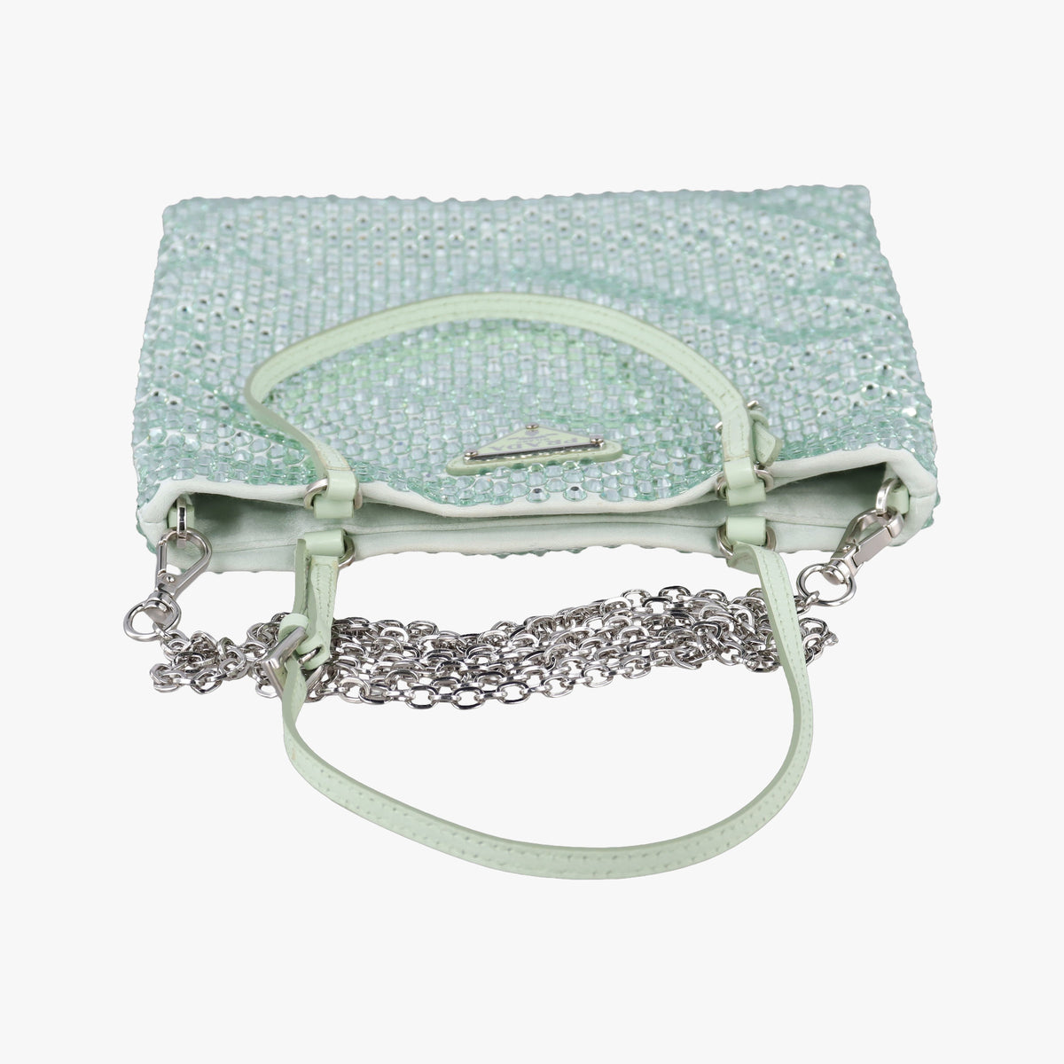 Pre-owned Prada Rosa Satin Crystal Mini Tote Green Rhinestone 1BA253 shoulderbag | stylenewstar