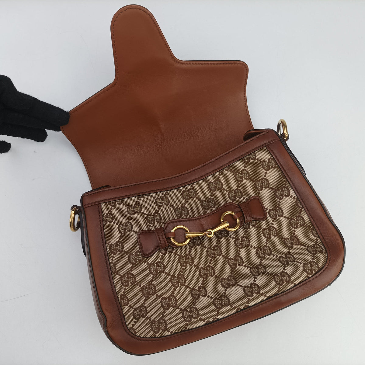 Pre-owned Gucci Horsebit Lady Web Beige×Brown Canvas×Leather 383848 shoulderbag | stylenewstar