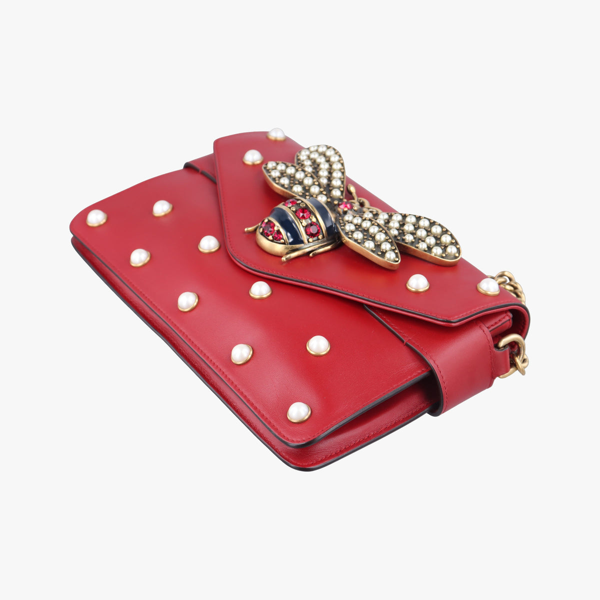 Pre-owned Gucci Broadway Pearl Bee Red Leather 453778 shoulderbag | stylenewstar