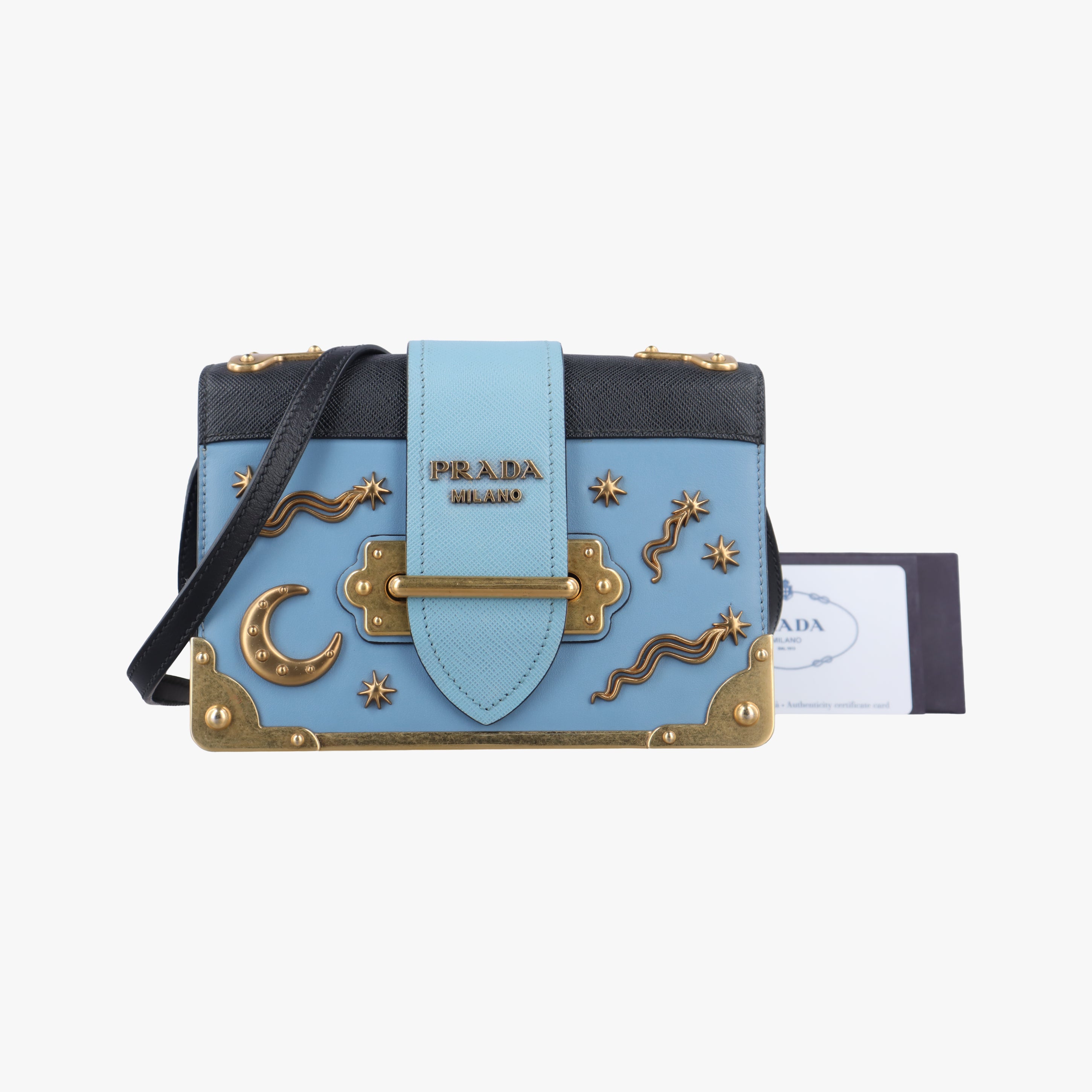 Pre-owned Prada City Calf Astrology Cahier ブルー×ブラック Saffiano leather×Leather  shoulderbag | stylenewstar