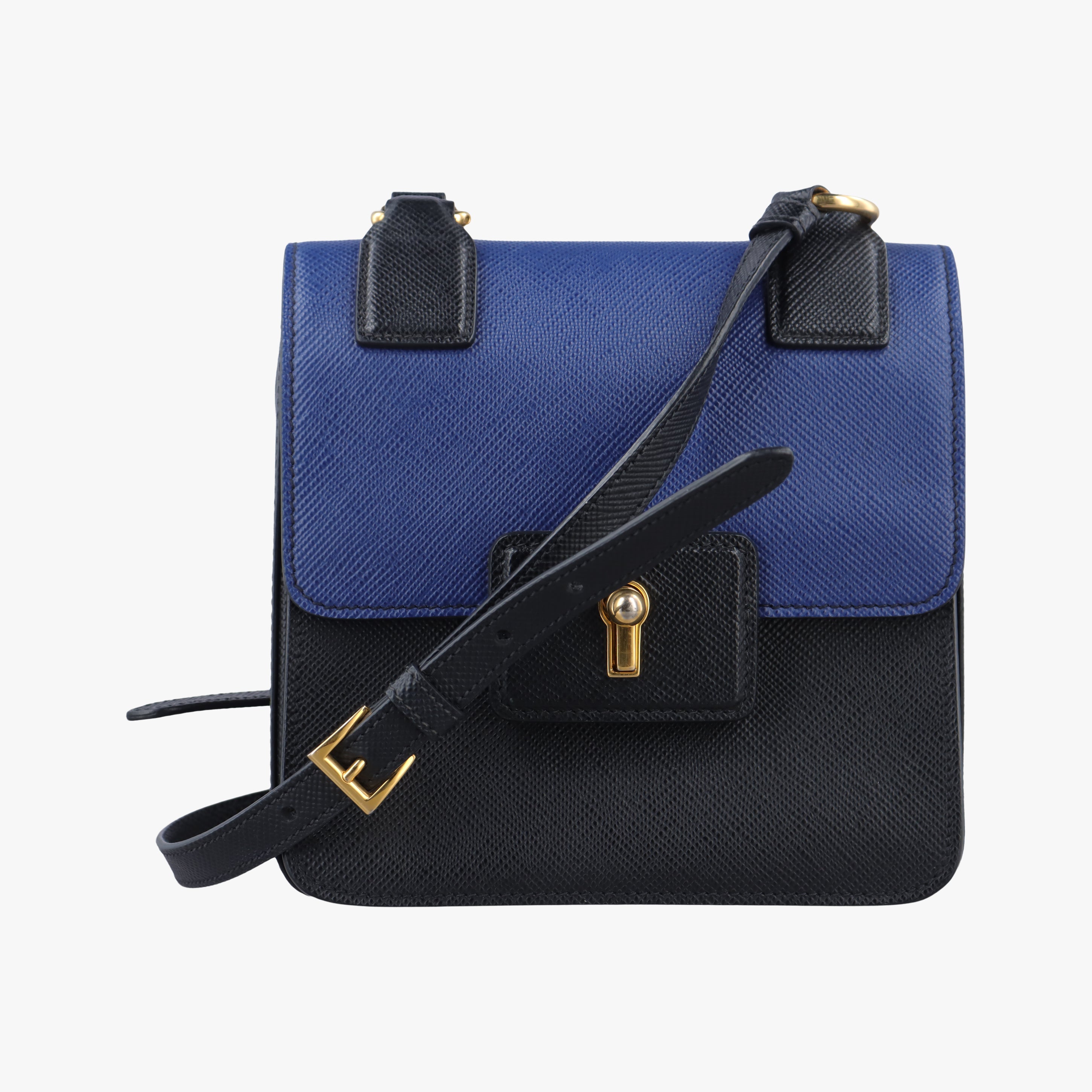 Pre-owned Prada Bicolor Saffiano Cuir Flap Blue x Black Leather×SAFFIANO Leather  shoulderbag | stylenewstar